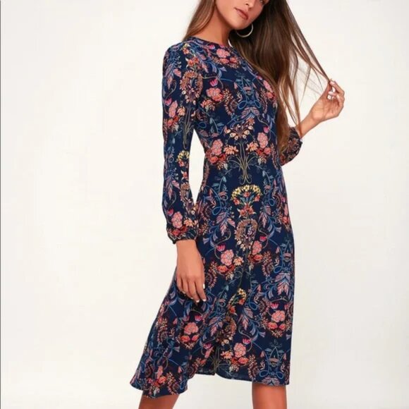 NWT I. Madeline Garden Splendor Navy Blue Floral Midi Whimsical Dress l Small - Picture 1 of 16
